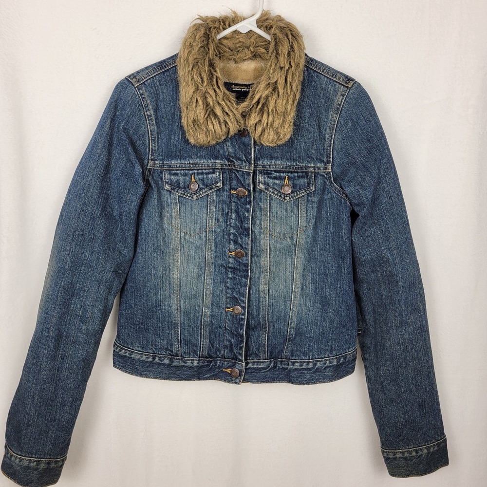 Vintage Abercrombie & Fitch Faux Fur Collar Denim Jacket Size M Sherpa Lined Y2K